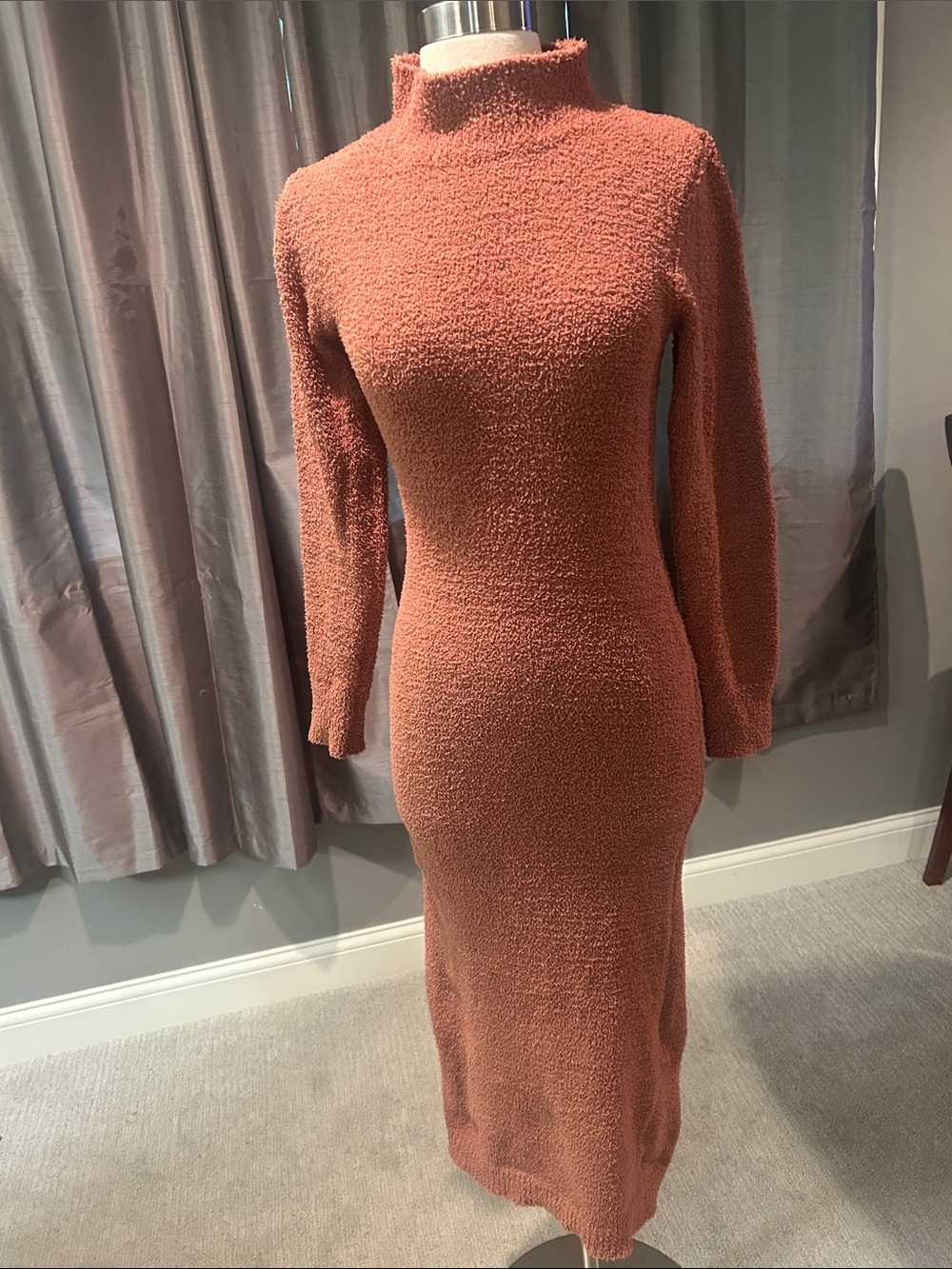 Long Sleeve Mock Neck Textured Knit Teddy Bear Sweater Body Con Dress - Rust